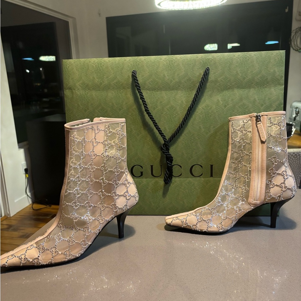Gucci Women's Rose & Crystal Mesh mid-heelBoots -WORN ONCE
